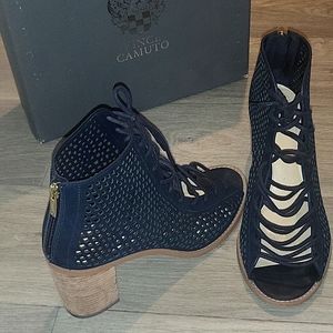 Navy open toe booties